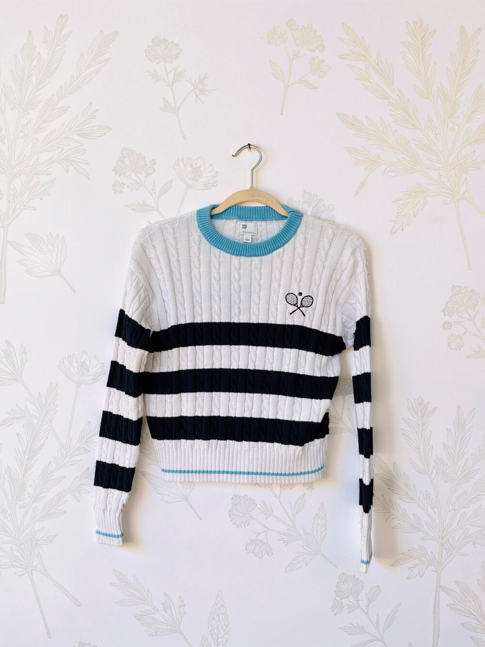 All in Motion Tennis Sweater Womens Small White Navy Cable Knit Striped Preppy